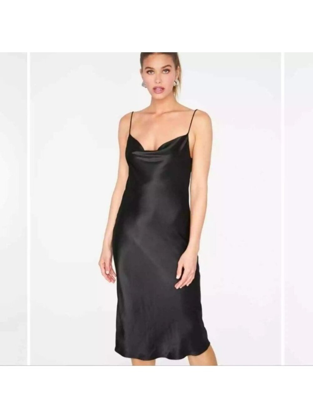 ZARA Black Satin Cowl Neck Slip Midi Dress Cocktail Party Evening Size S